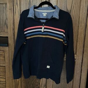 L.L.Bean Navy Blue Organic Cotton Quarter Zip Pullover Sweatshirt Striped Large
